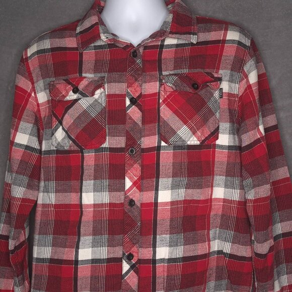 ONeill Mens Plaid Flannel Button-Up Shirt Large Long Sleeve Red Black Casual - Picture 1 of 4